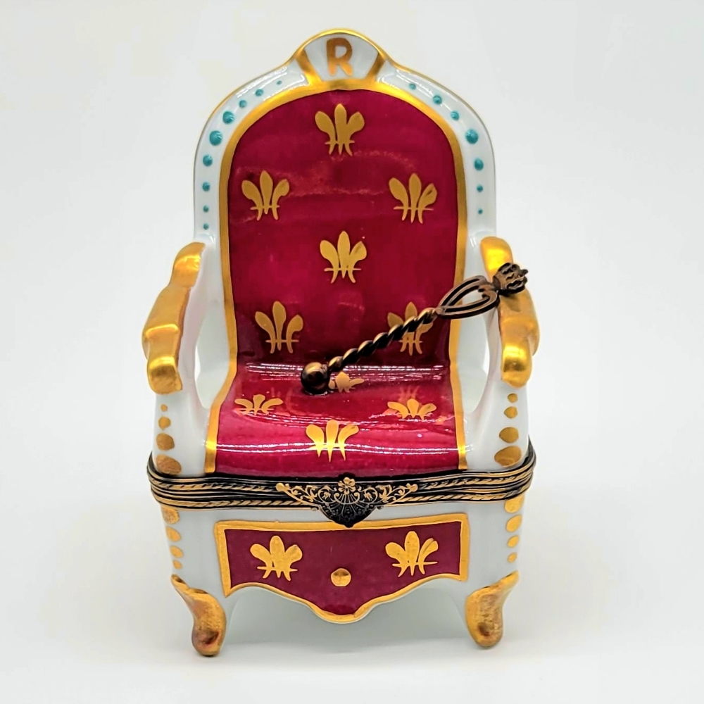 Authentic Limoges Royal Throne Trinket Box with Sceptor, Peint Mein w/ Gold Gilt